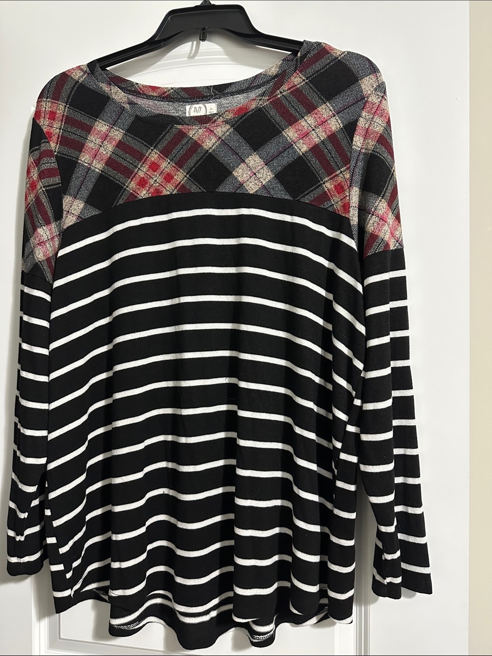 Maurice’s Black & White Striped Top with Red Plaid Yoke Detail